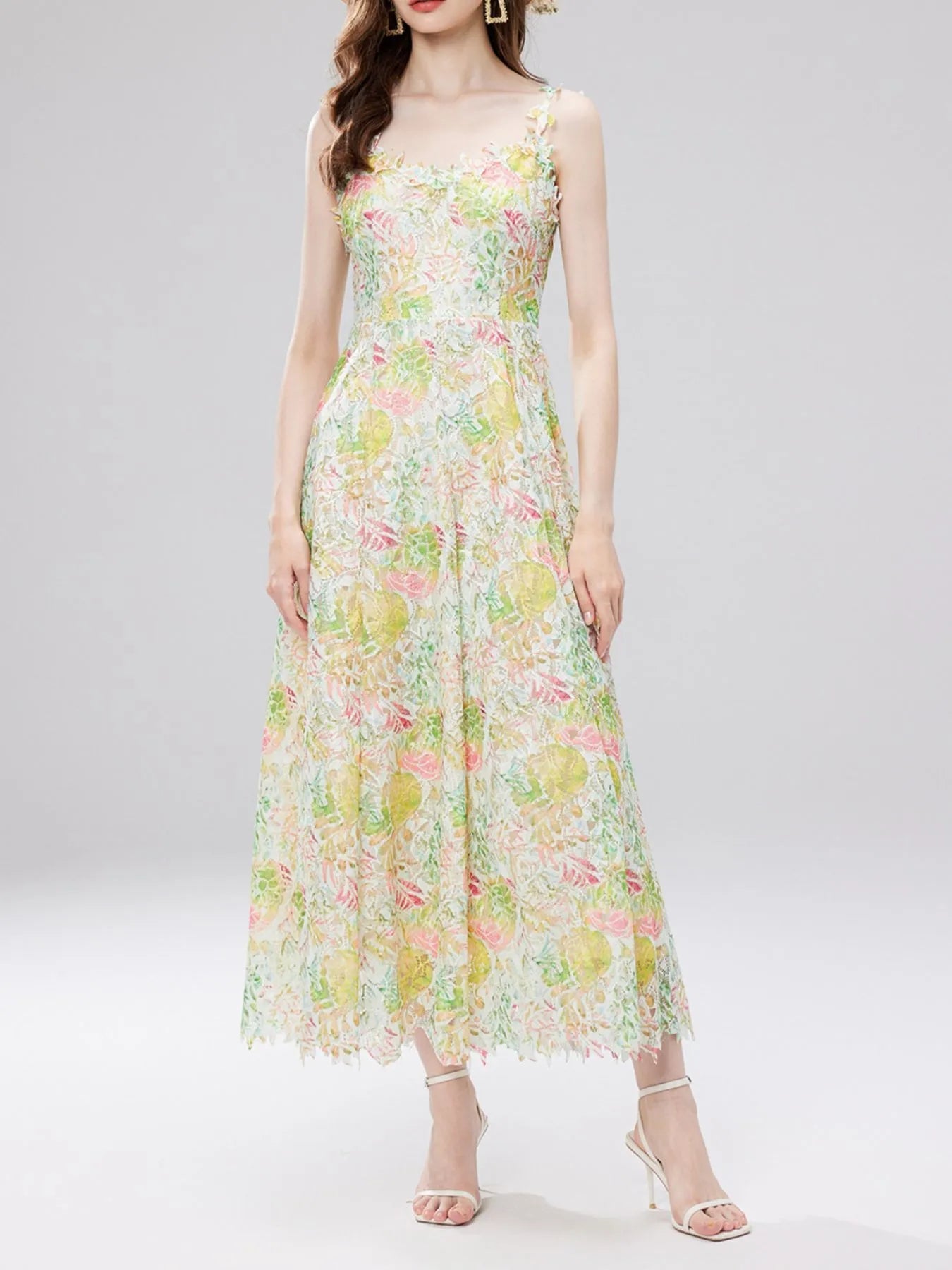 Floral Lace Sleeveless V-Neck Midi Dress 