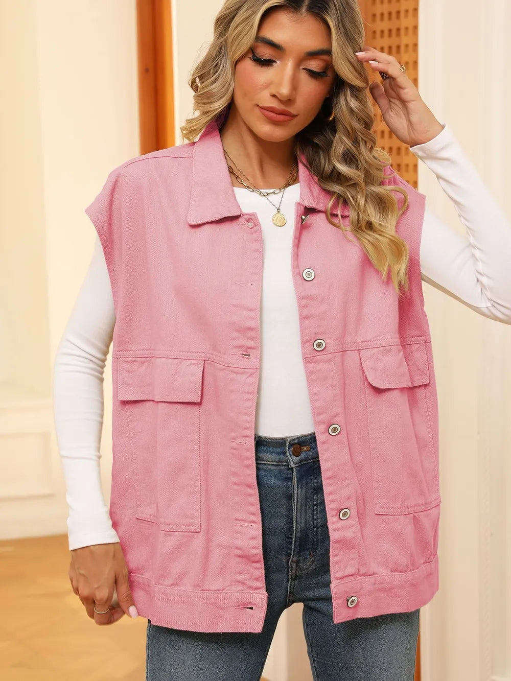 Pocketed Button Up Sleeveless Denim Jacket 