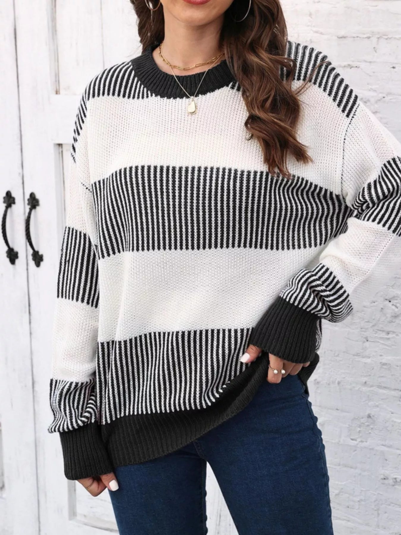 Full Size Color Block Dropped Shoulder Sweater Plus Size 