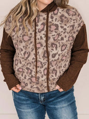 Plus Size Leopard Long Sleeve Drawstring Hoodie 