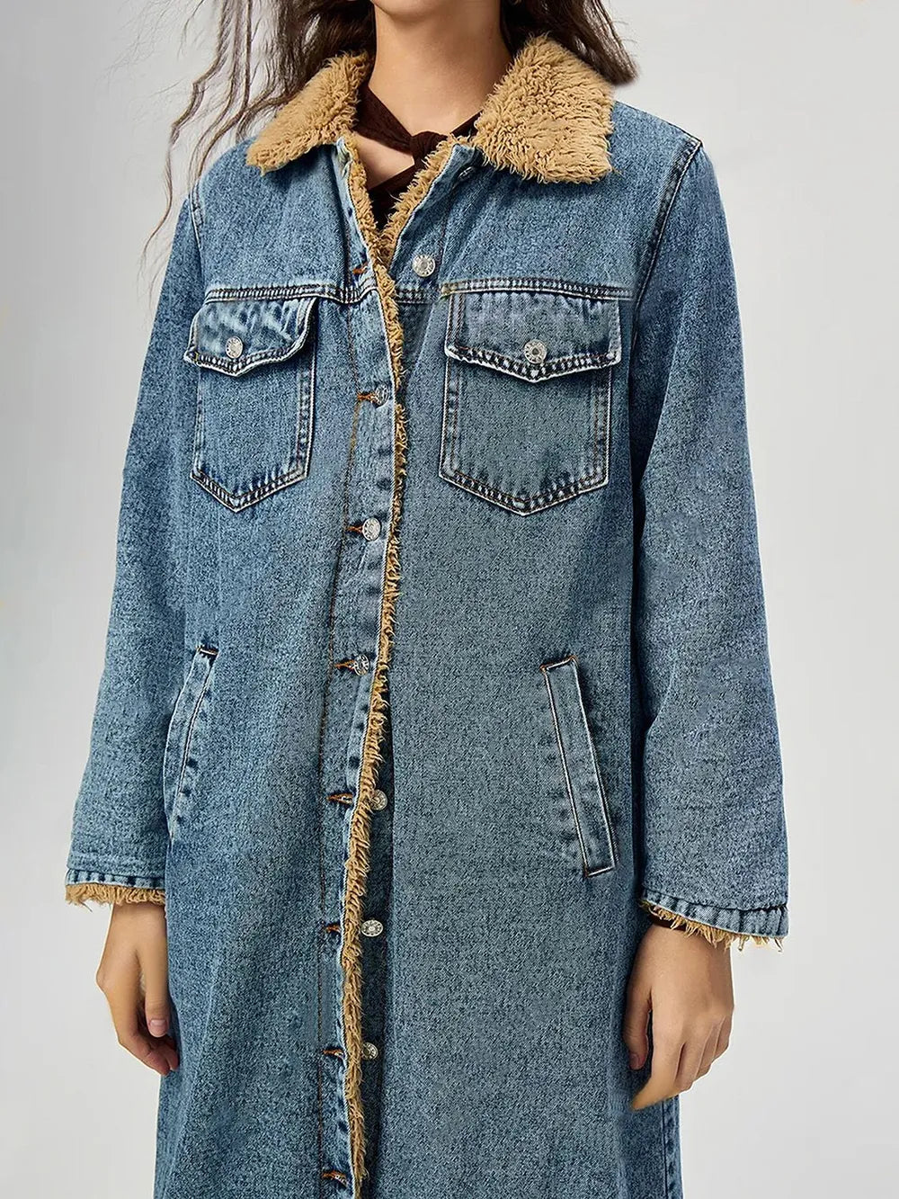 Pocketed Button Up Denim Jacket with Fur Lining 