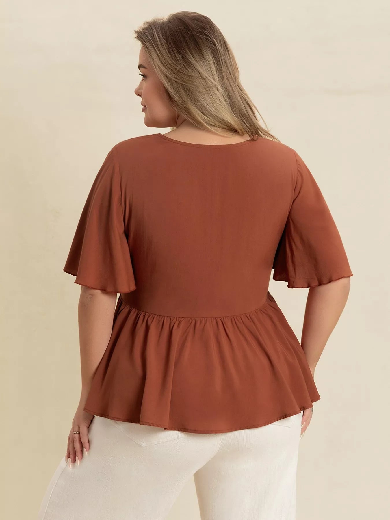 Plus Size Embroidered V-Neck Flutter Sleeve Blouse 