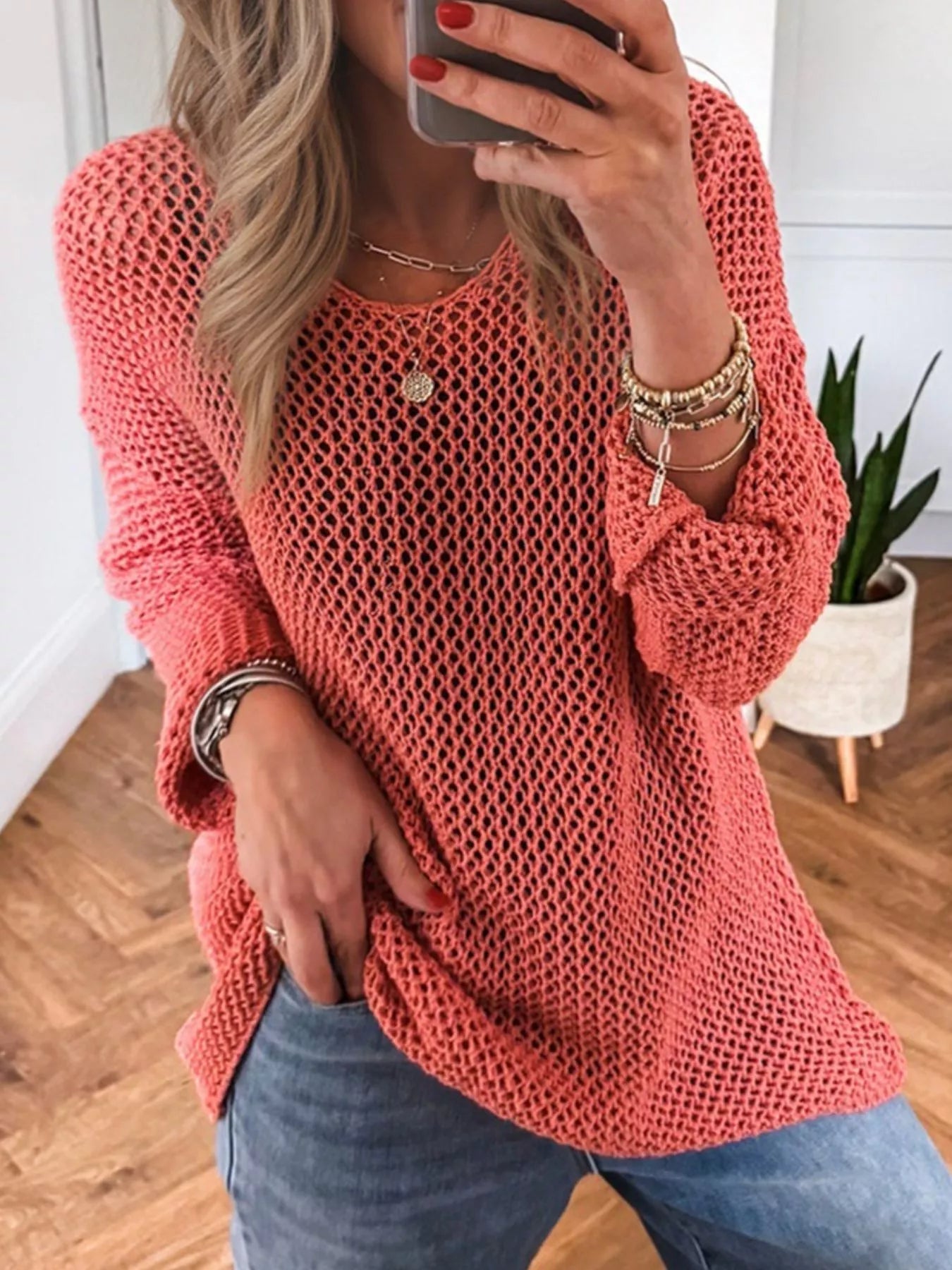 Crochet Hollow Out Long Sleeve Knit Top 