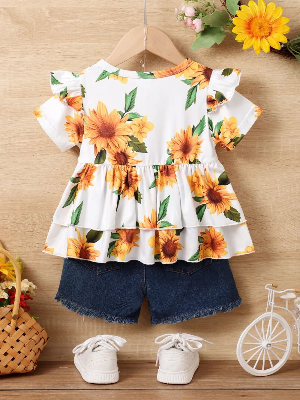 Children's Sunflower Ruffled Short Sleeve Top and Shorts Set 