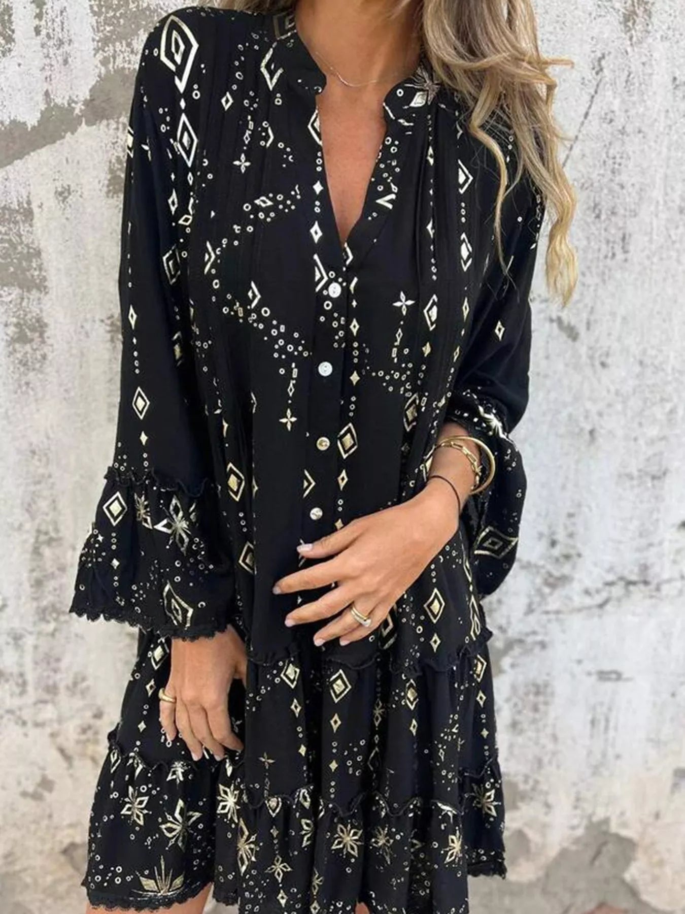 Full Size Printed Notched Flare Sleeve Dress Plus Size 
