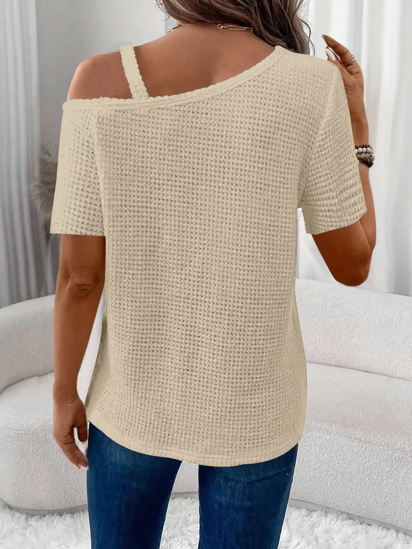 One-Shoulder Chain Detail Waffle Knit T-Shirt 