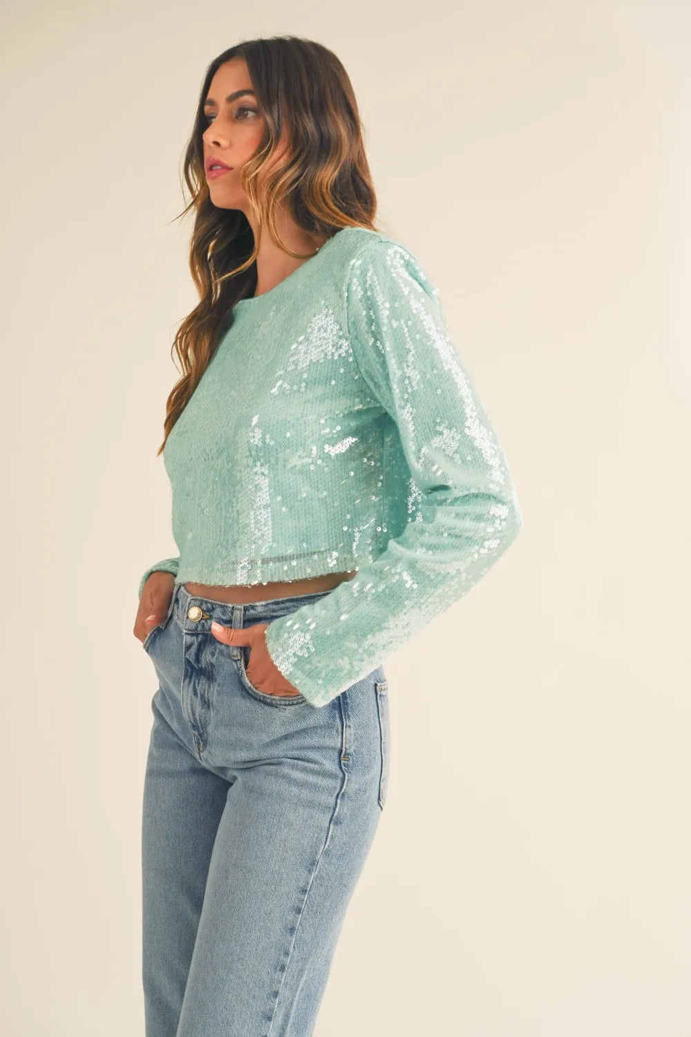 MABLE Shoulder Padded Sequin Crop Top 