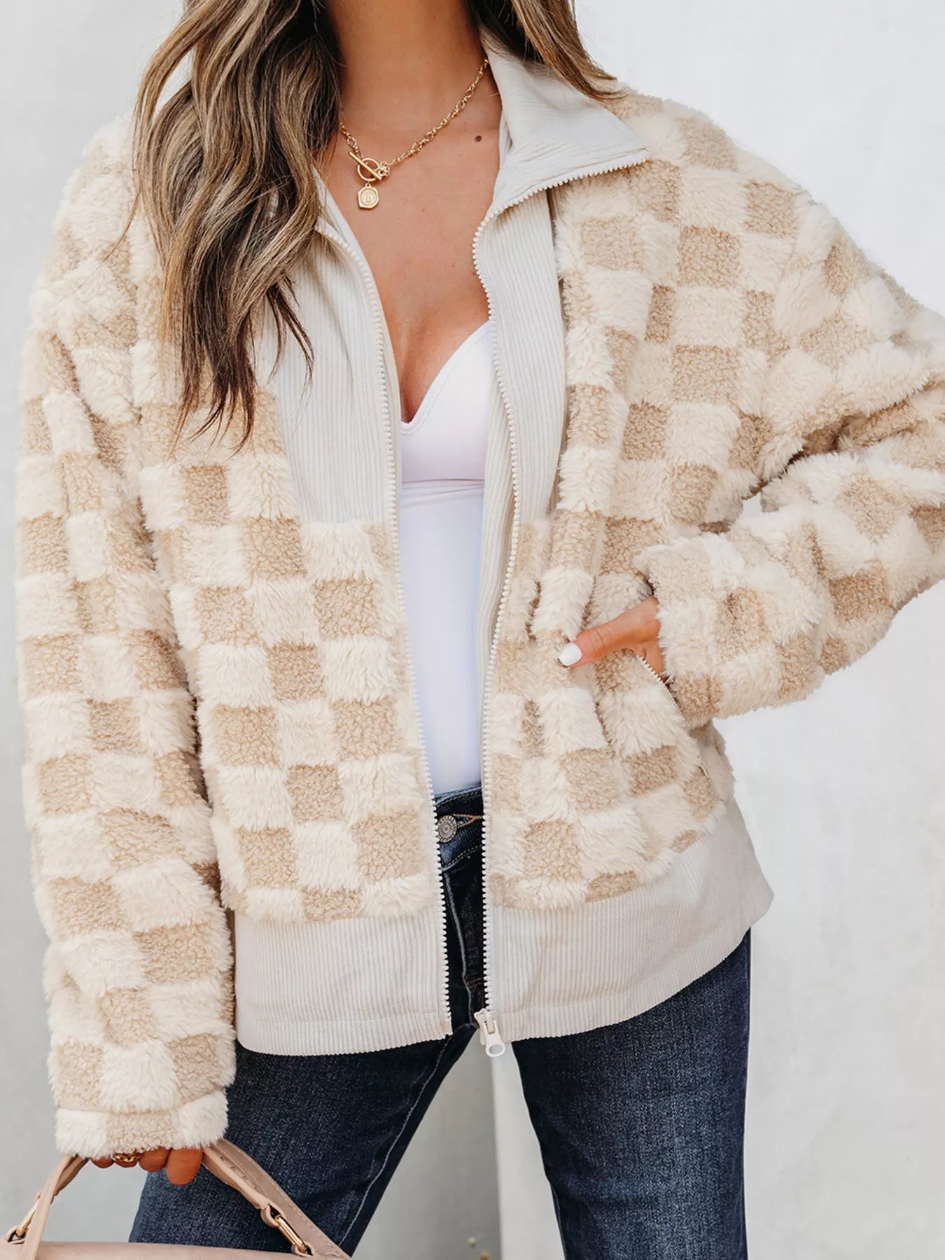 Checker Sherpa Corduroy Patchwork Zip Up Jacket 