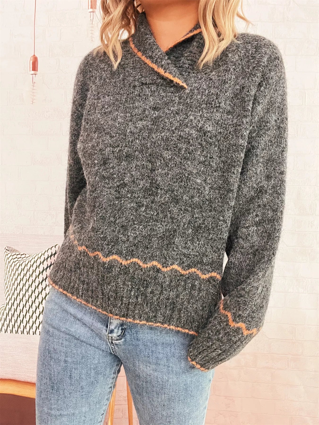Ribbed Contrast Trim Long Sleeve Sweater 
