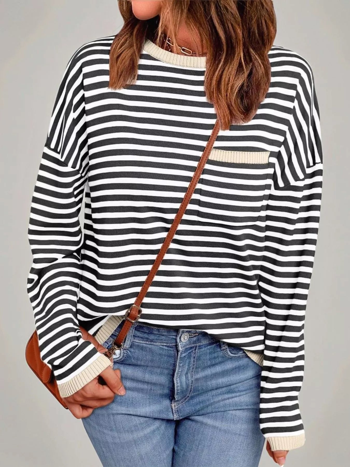 Striped Round Neck Long Sleeve Knit Top 
