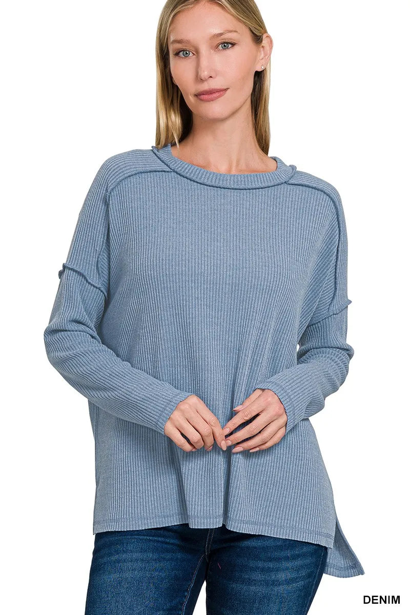 Zenana Ribbed Drop Shoulder Round Neck Sweater 