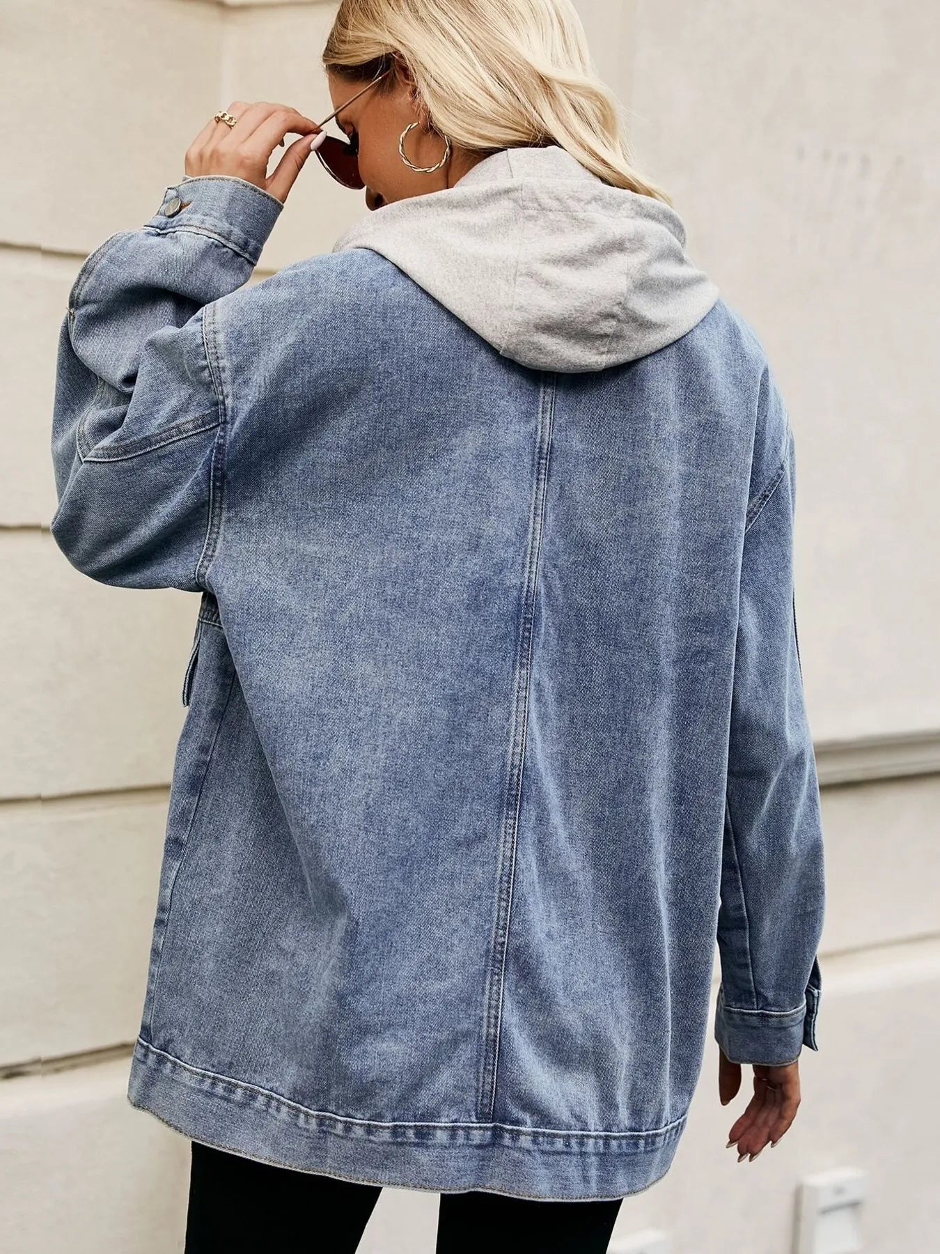 Oversized Button Up Denim Jacket with Hood 