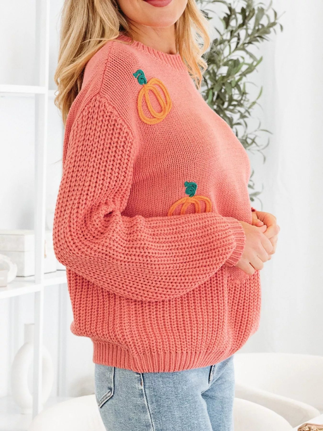 Pumpkin Embroidered Thanksgiving Holiday Sweater 