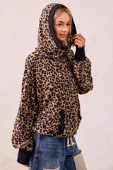 BiBi Leopard Print Waffle Half Zip Up Hoodie W Pocket 