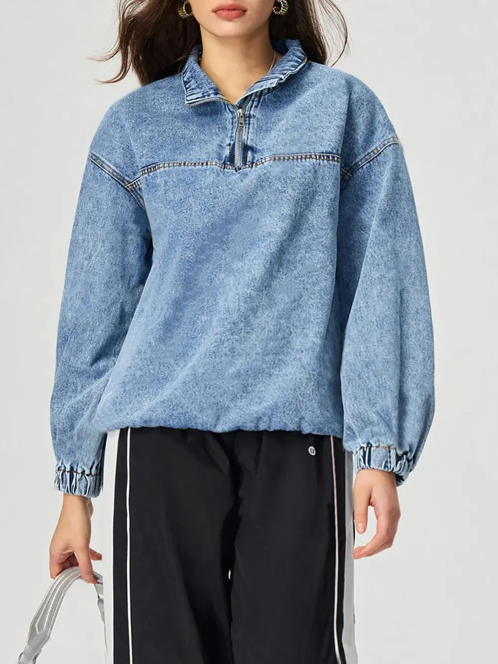 Quarter Zip Collared Neck Denim Top 