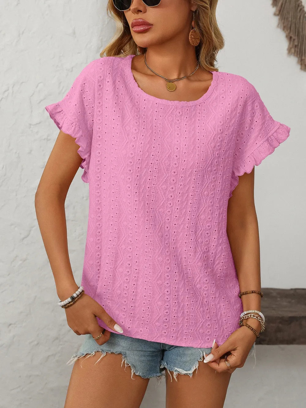 Mandy Eyelet Round Neck Short Sleeve Top 