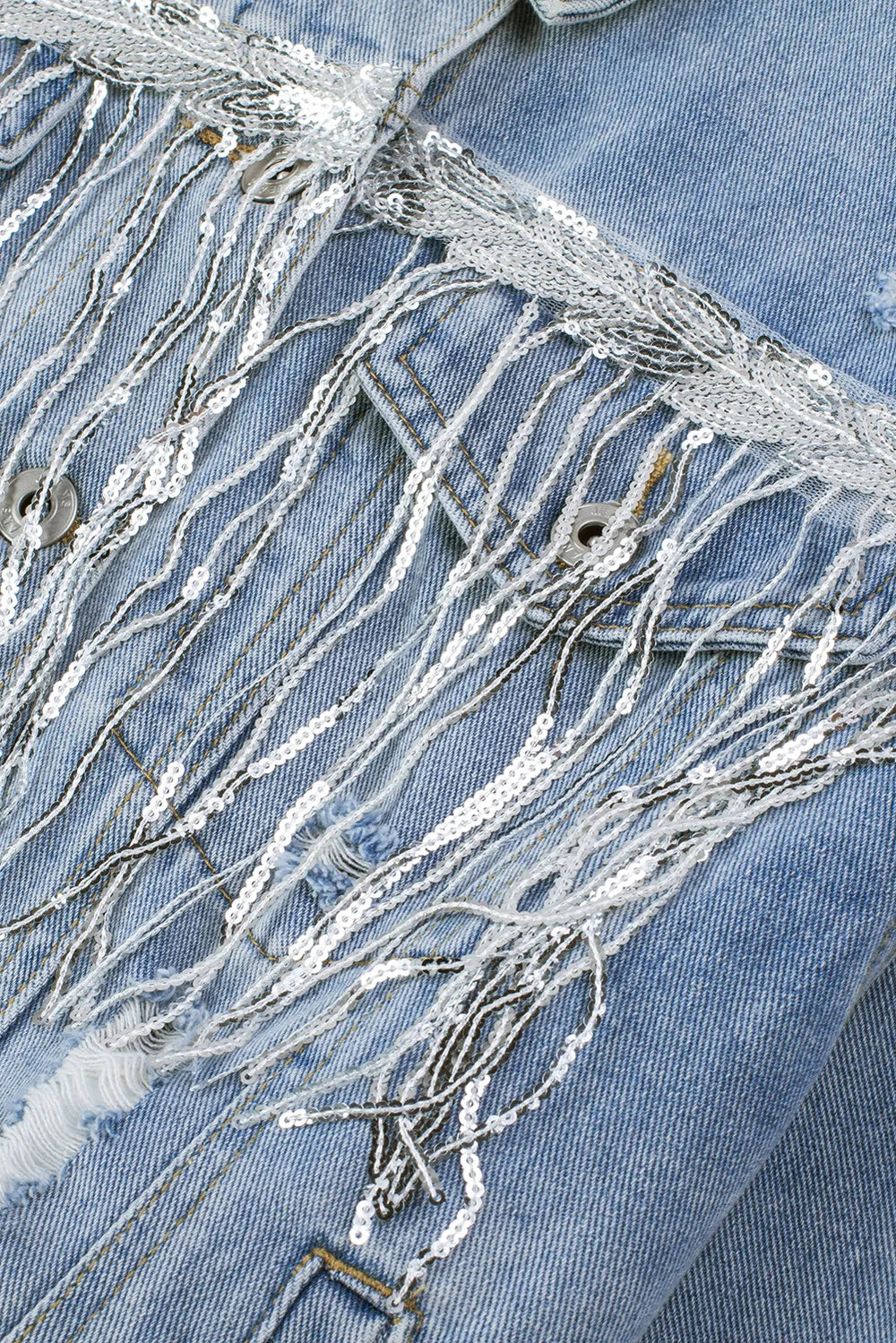 Sequin Fringe Trim Distressed Button Up Denim Jacket 