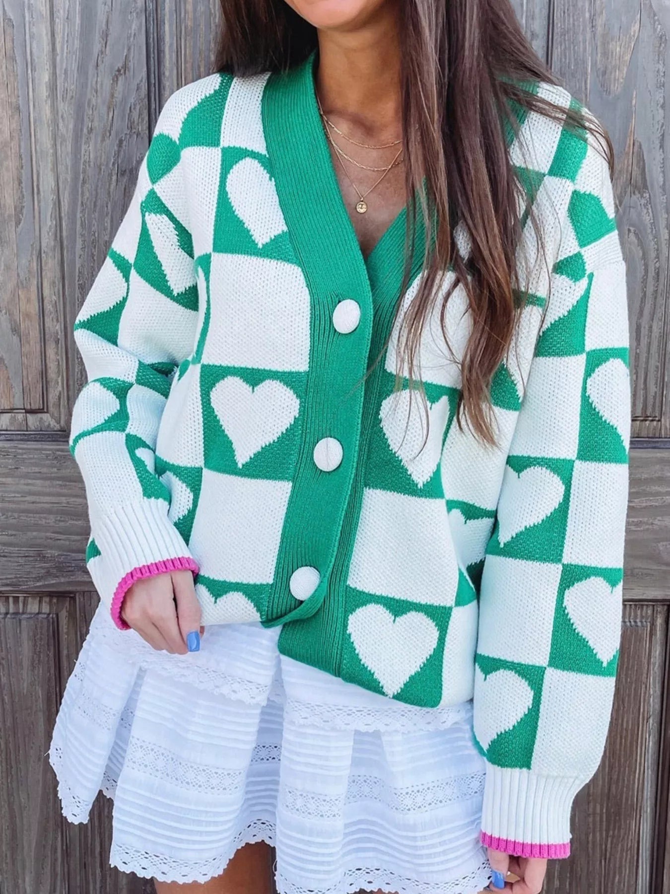 Plaid Heart Knit V Neck Button Down Sweater Cardigan 