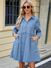 Tiered Button Up Long Sleeve Denim Dress 