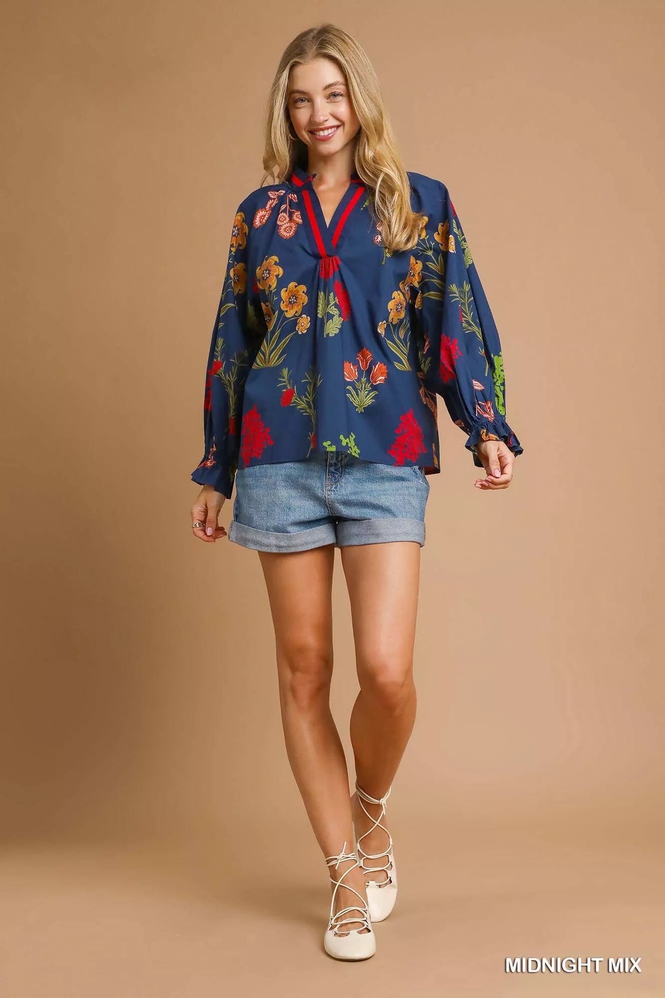 Umgee Floral Print Flounce Sleeve Blouse 