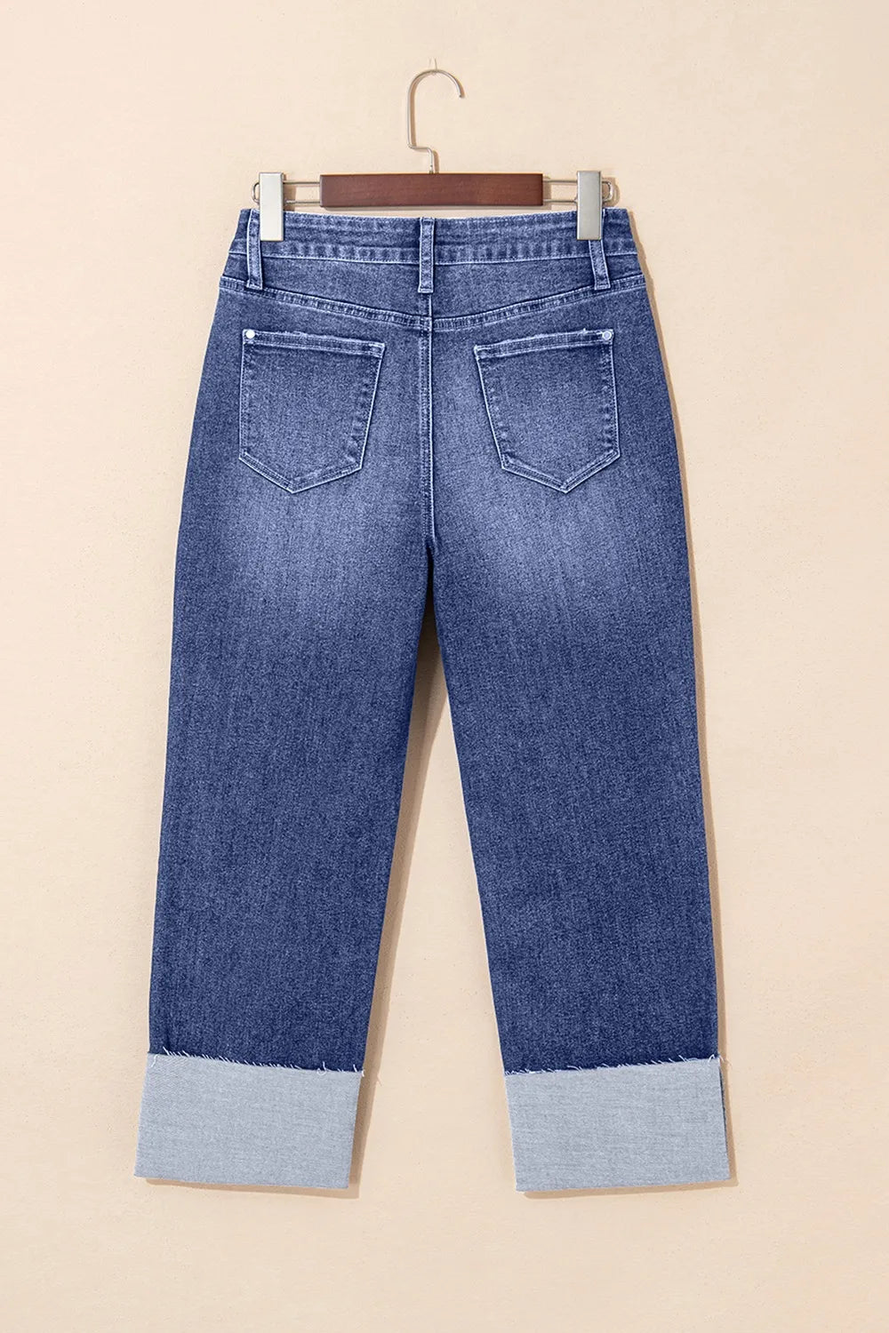 Folded Cuffs Distressed Straight High Waist Jeans 
