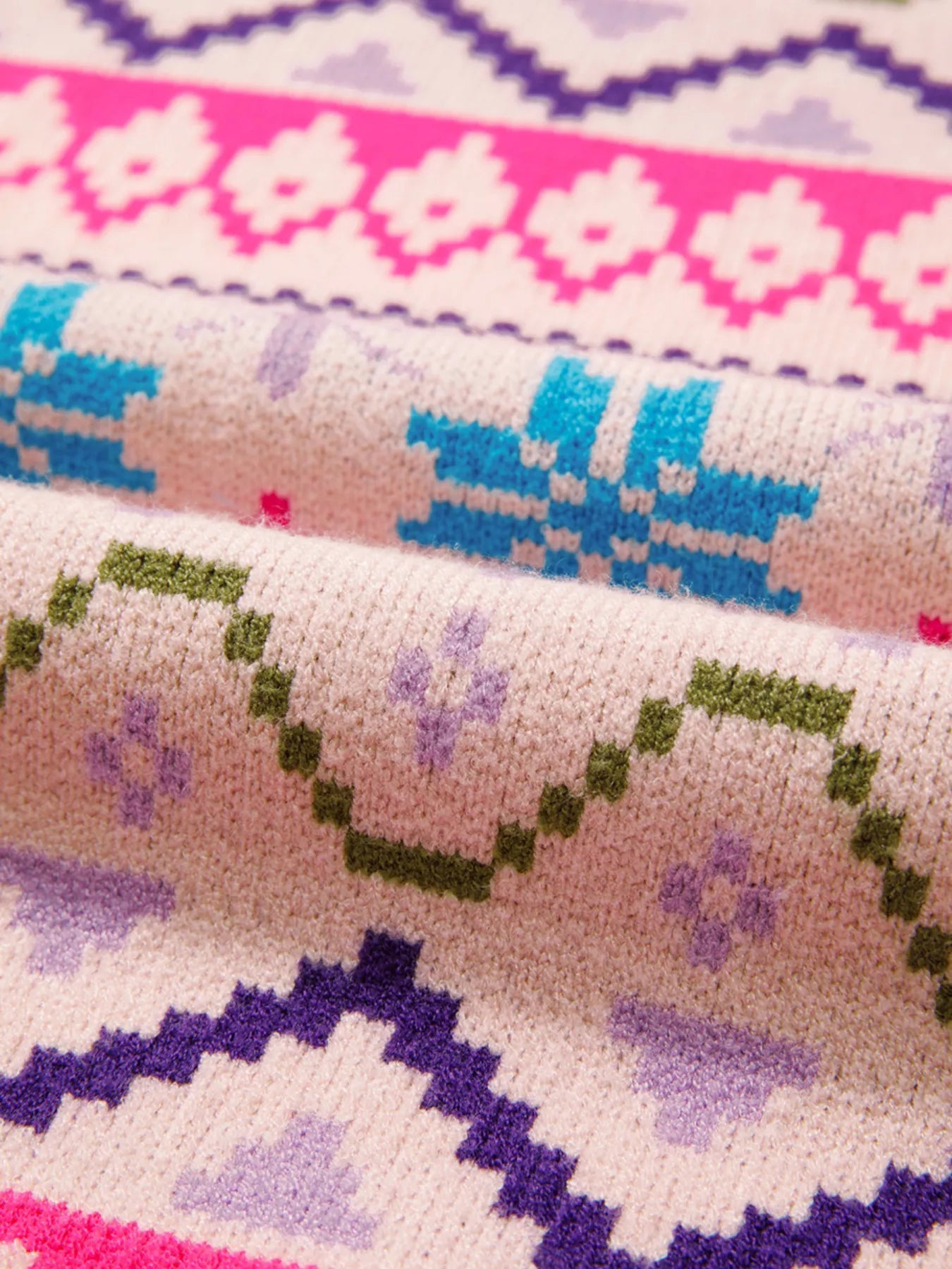 Multicolour Ethnic Christmas Pattern Knit Feather Cuffed Sweater 