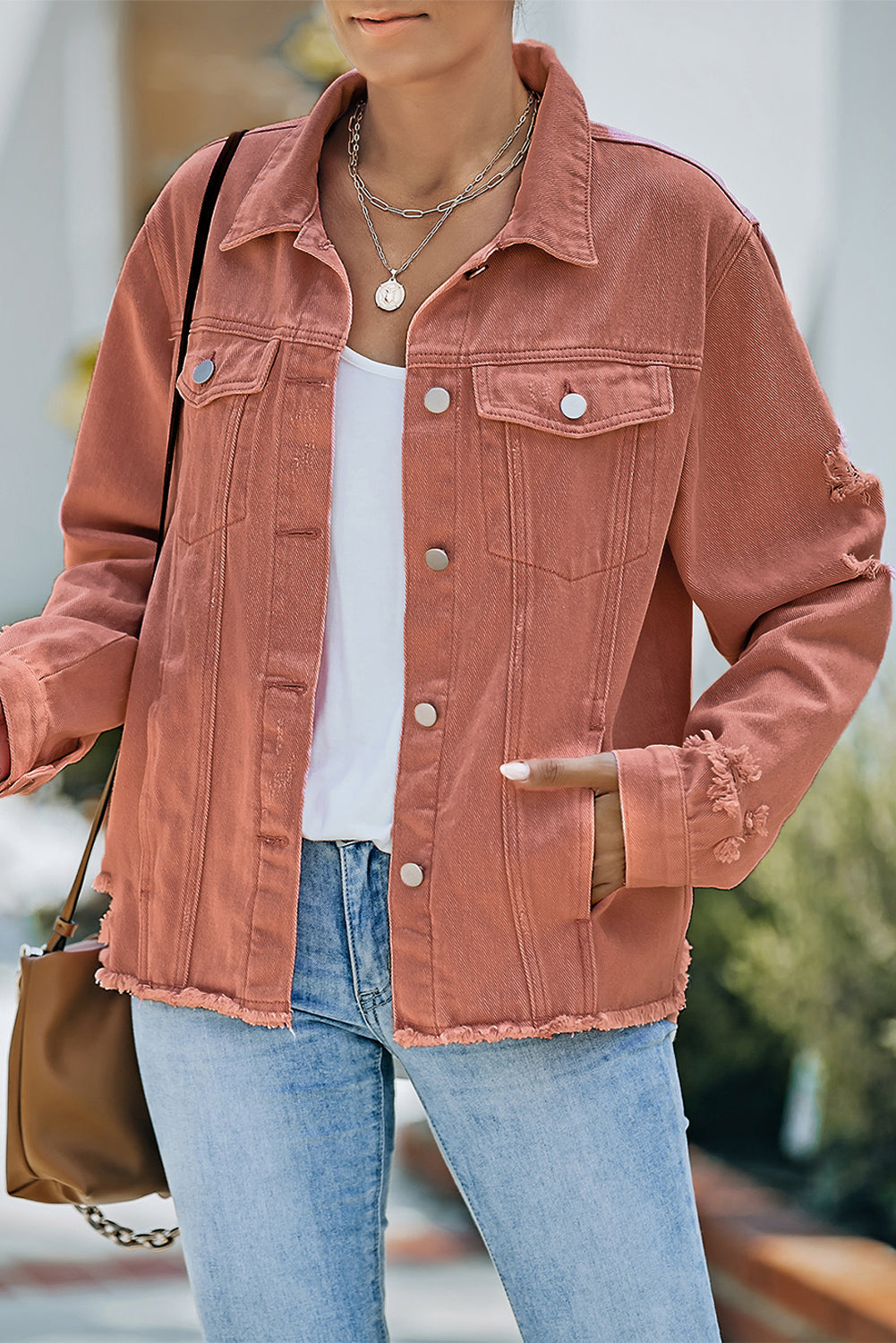 Distressed Raw Hem Denim Jacket 