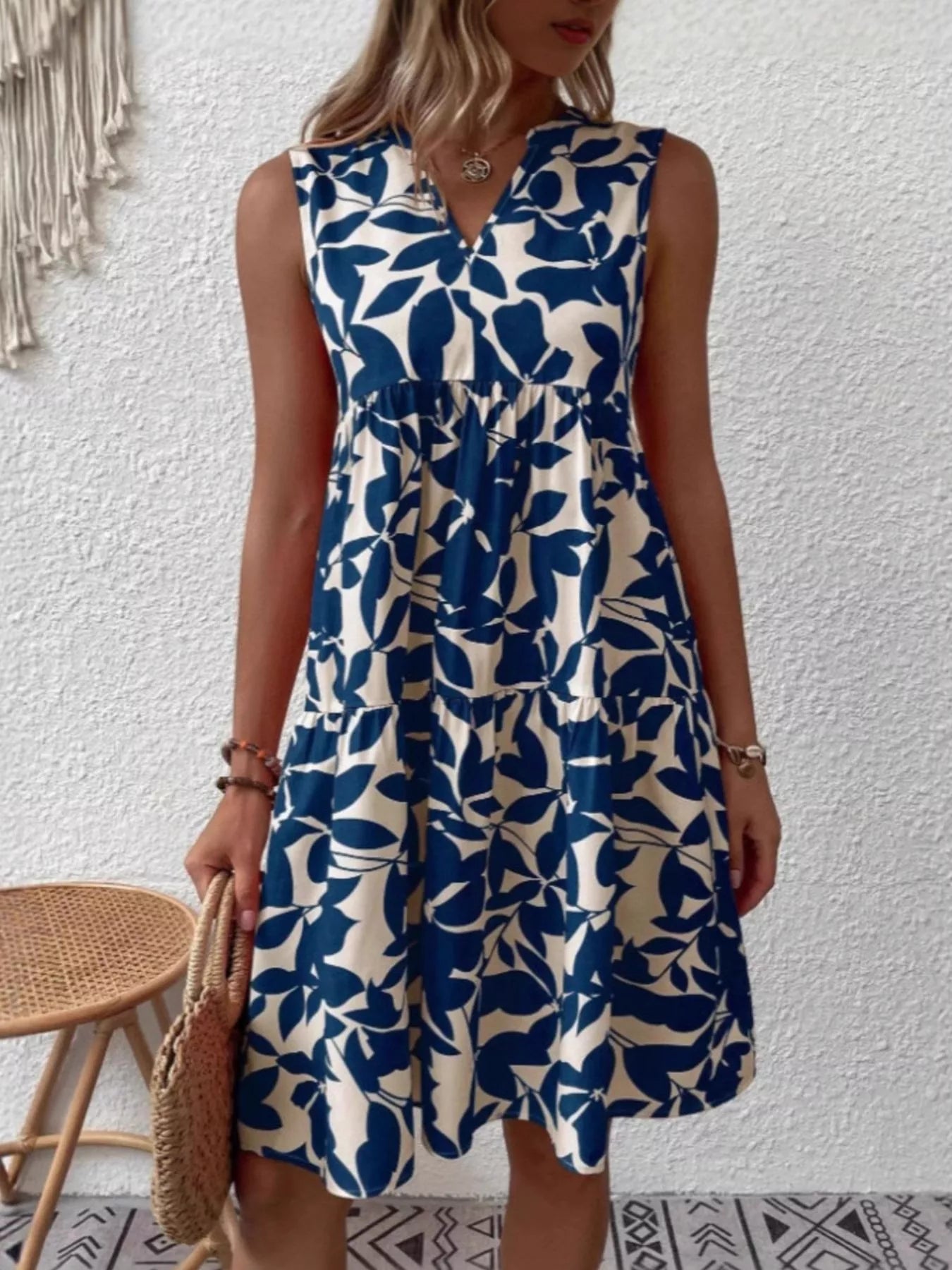 Full Size Printed Notched Sleeveless Mini Dress Plus Size 