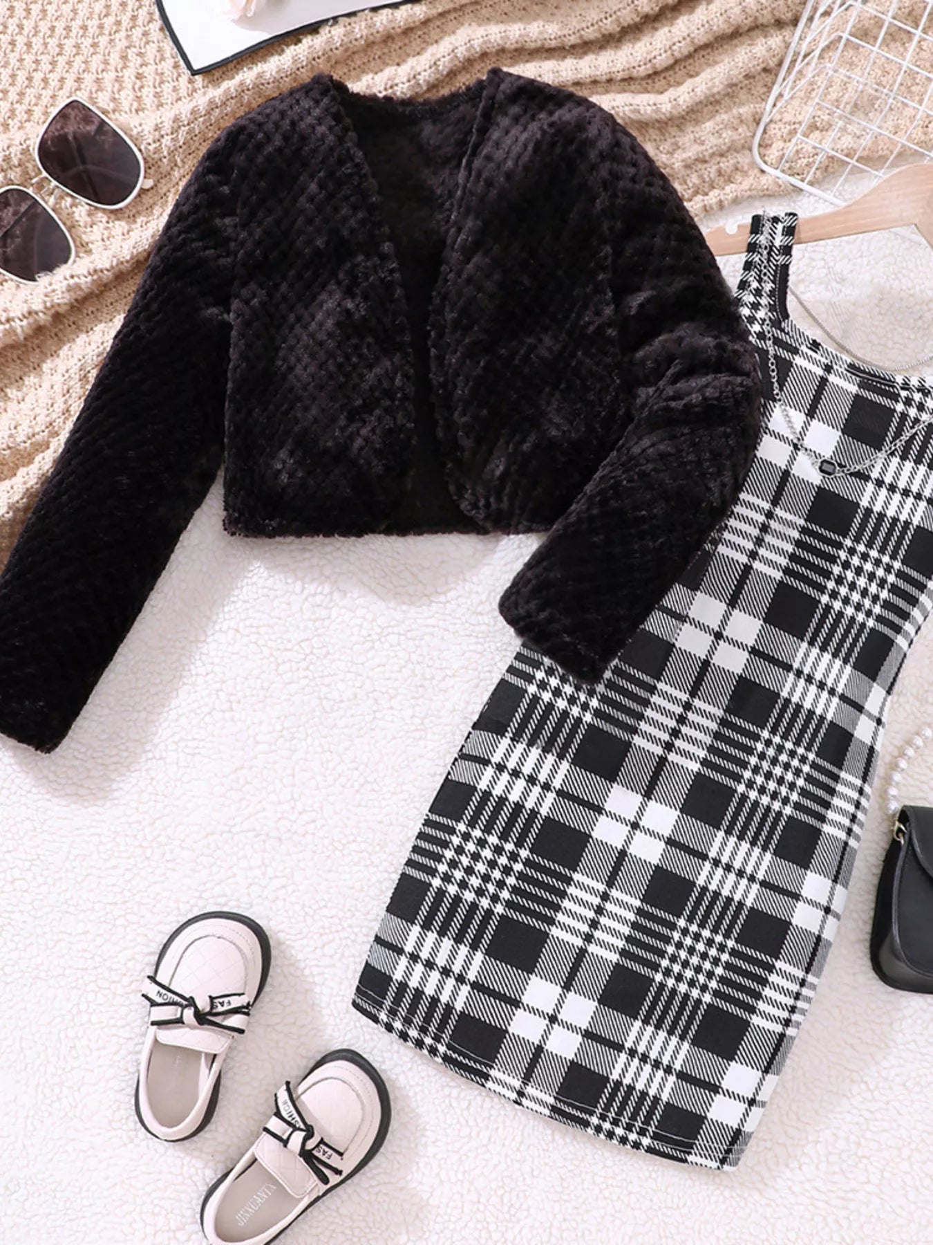 Children's Fuzzy Cardigan & Plaid Dress Set 