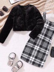 Children's Fuzzy Cardigan & Plaid Dress Set 