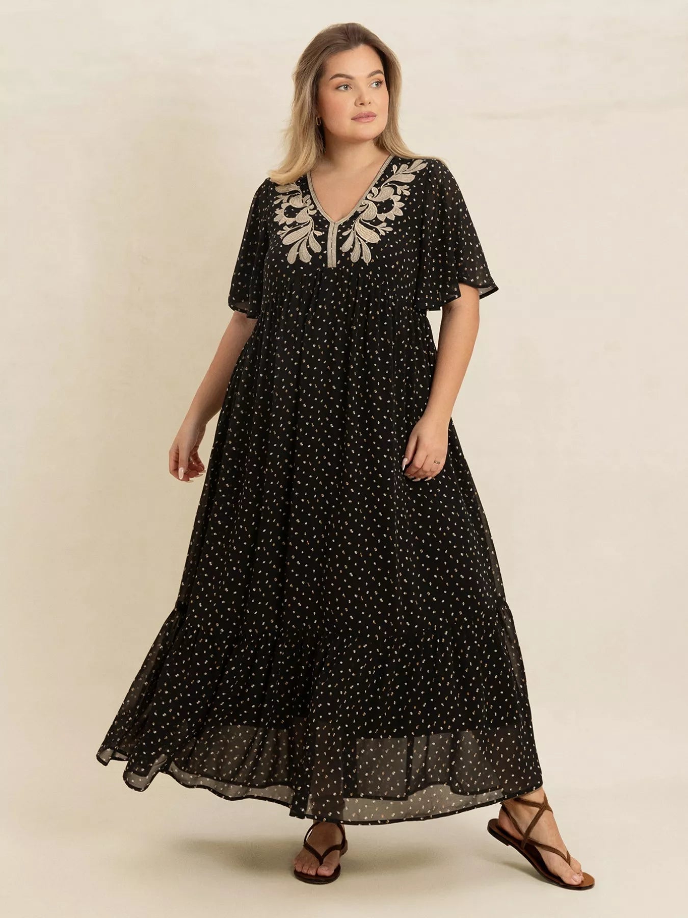 Plus Size Printed V-Neck Flutter Sleeve Maxi Dress 