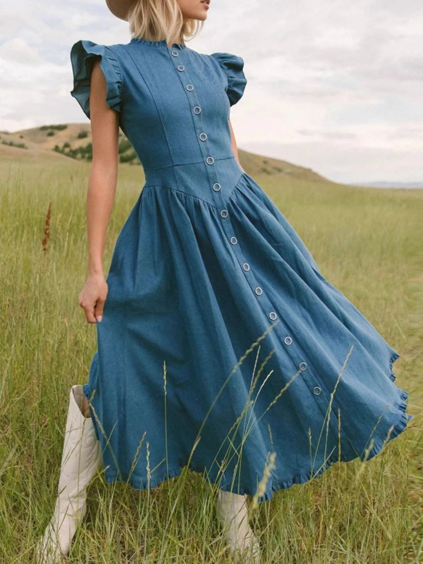 Ruffled Cap Sleeve Denim Dress 