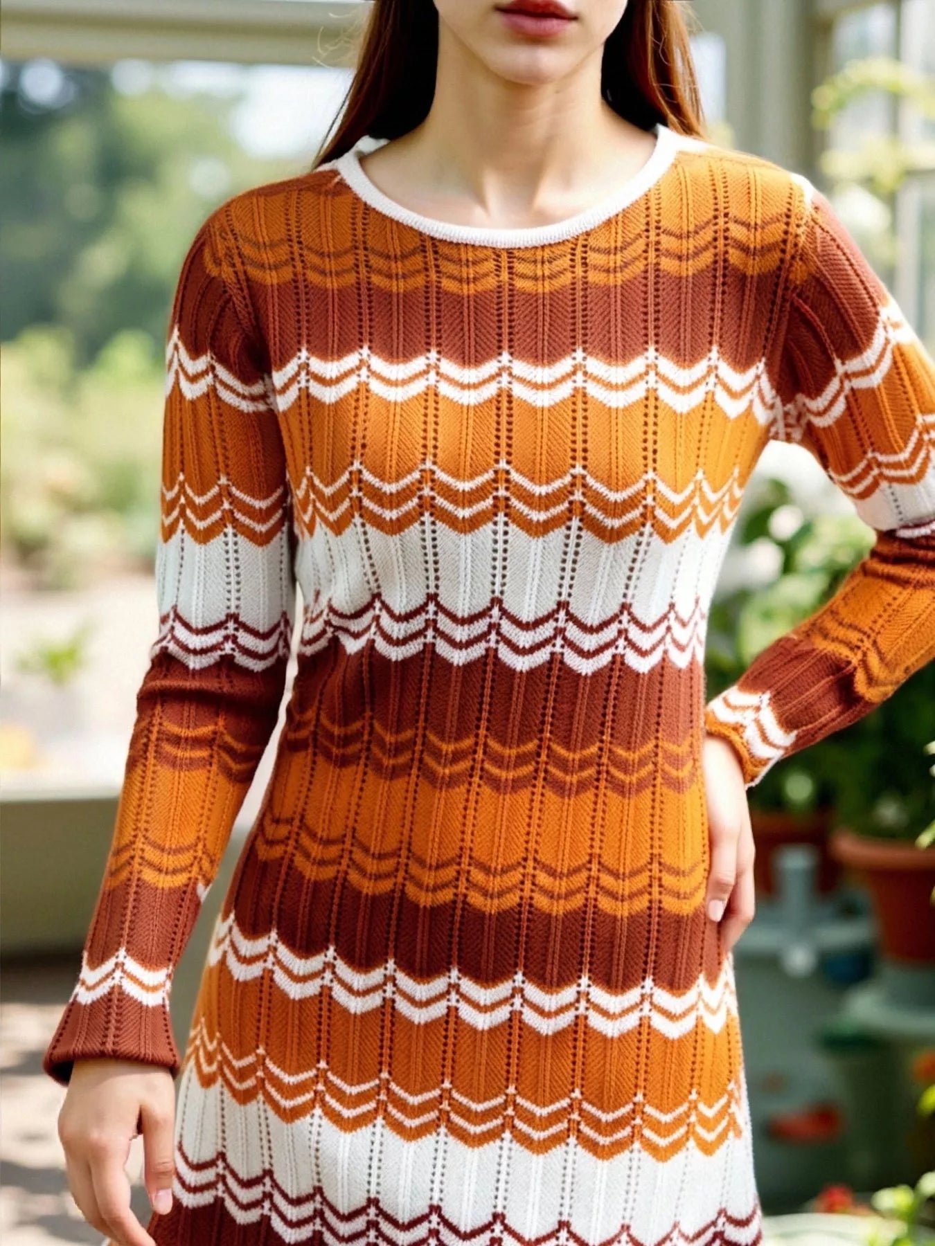 Openwork Wave Pattern Long Sleeve Sweater Dress 