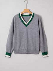 Contrast Striped Trim V Neck Varsity Sweater 