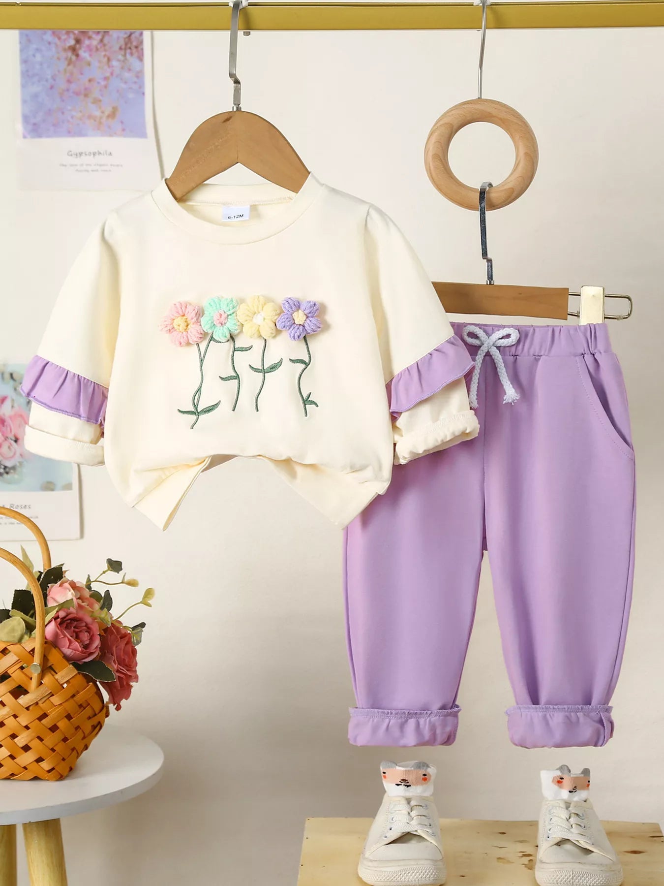 Children's Flower Long Sleeve Top and Pants Set 