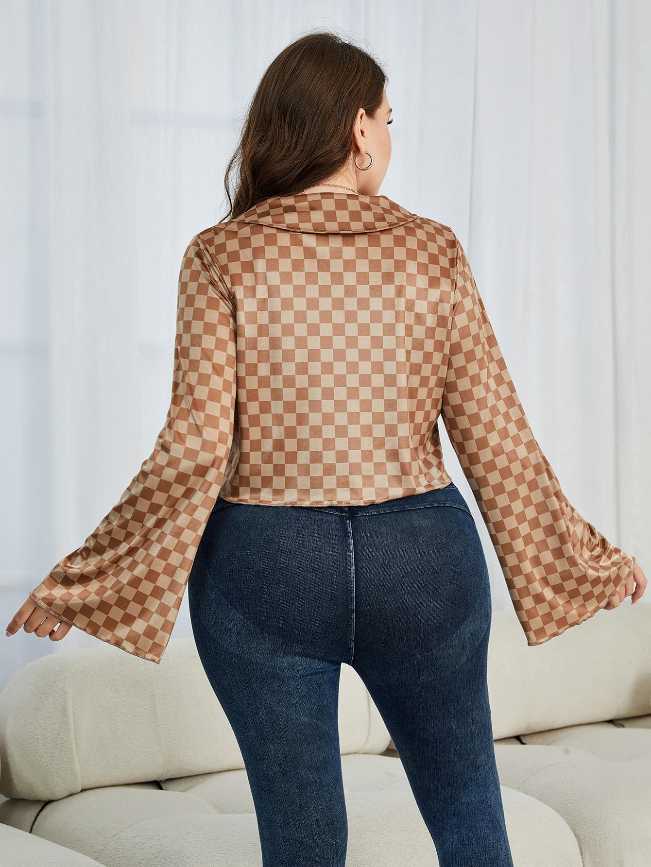 Plus Size Checkered Johnny Collar Flare Sleeve Shirt 