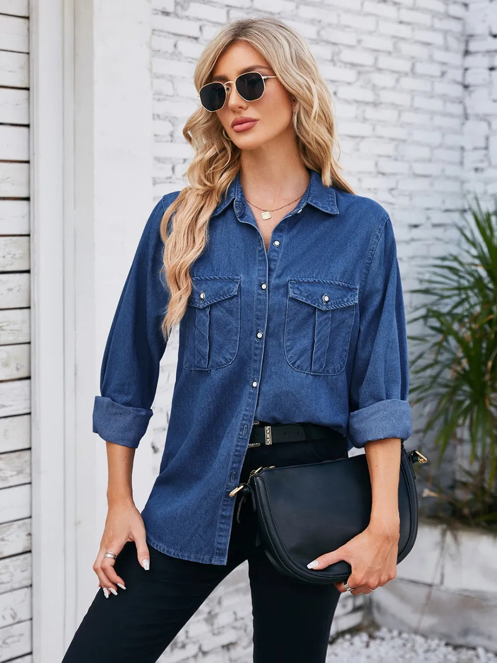 Button Up Collared Neck Denim Jacket 