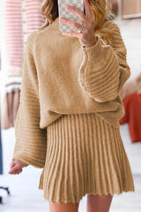 Ribbed Knit Long Sleeve Top and Skirt Sweater Set 