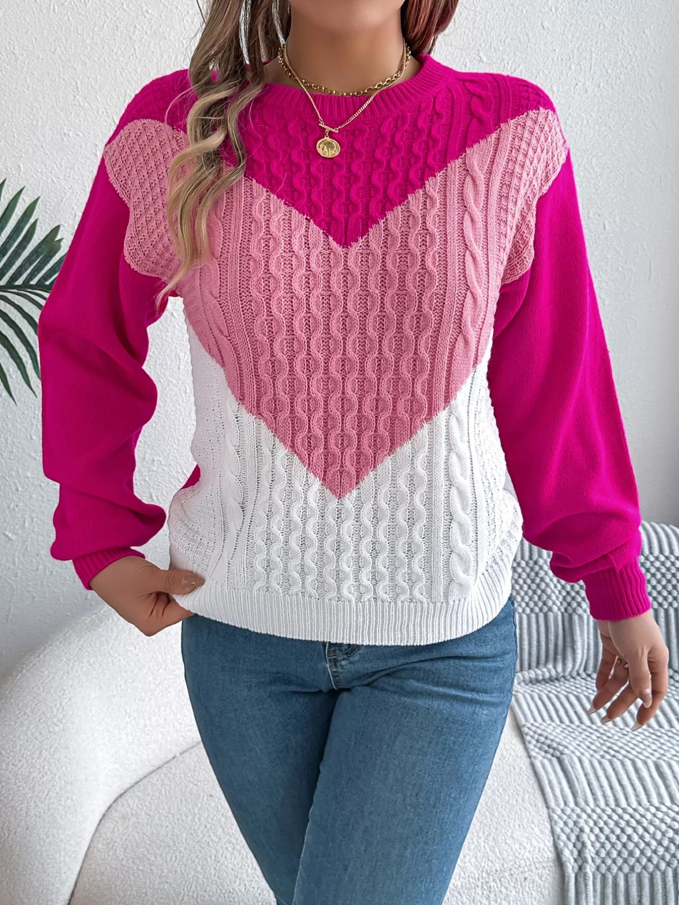 Color Block Cable Knit Sweater 