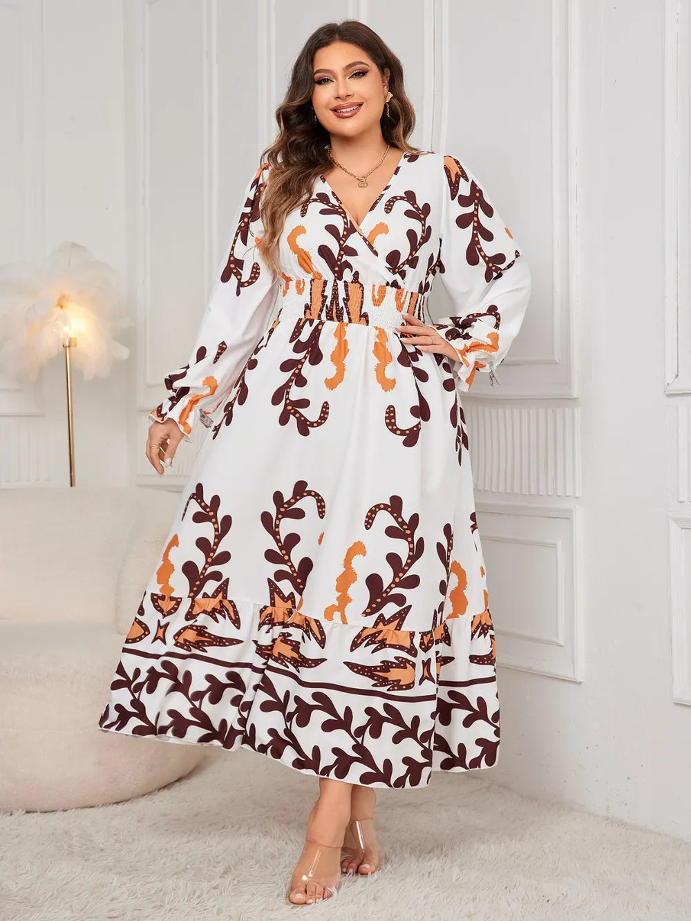 Honey Plus Size Printed Surplice Flounce Sleeve Dress 