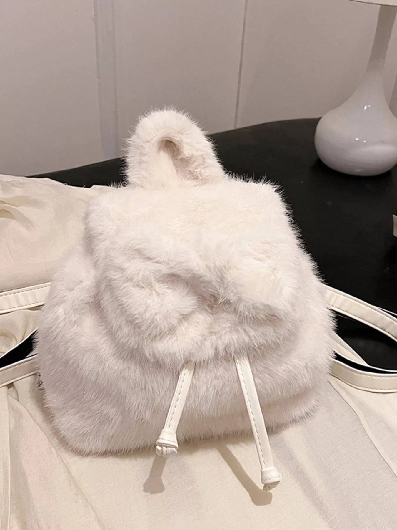 Fuzzy Plush Drawstring Backpack Bag 