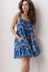 Floral Tiered Square Neck Denim Dress 