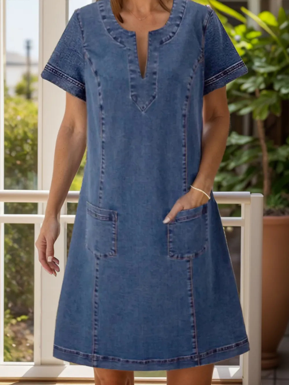 Full Size Notched Short Sleeve Denim Dress 