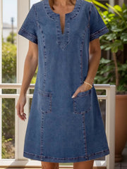 Full Size Notched Short Sleeve Denim Dress 