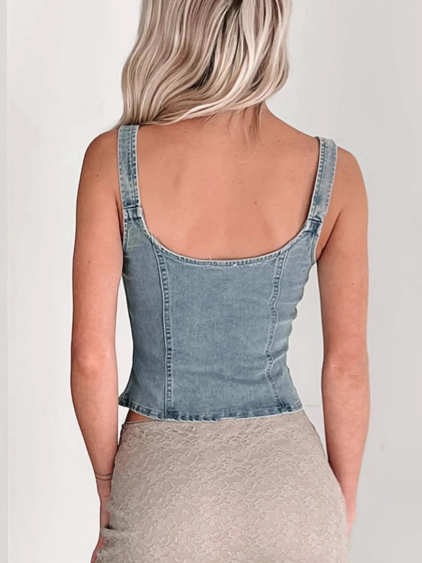 Fitted Denim Corset Tank Top with Front Zip 
