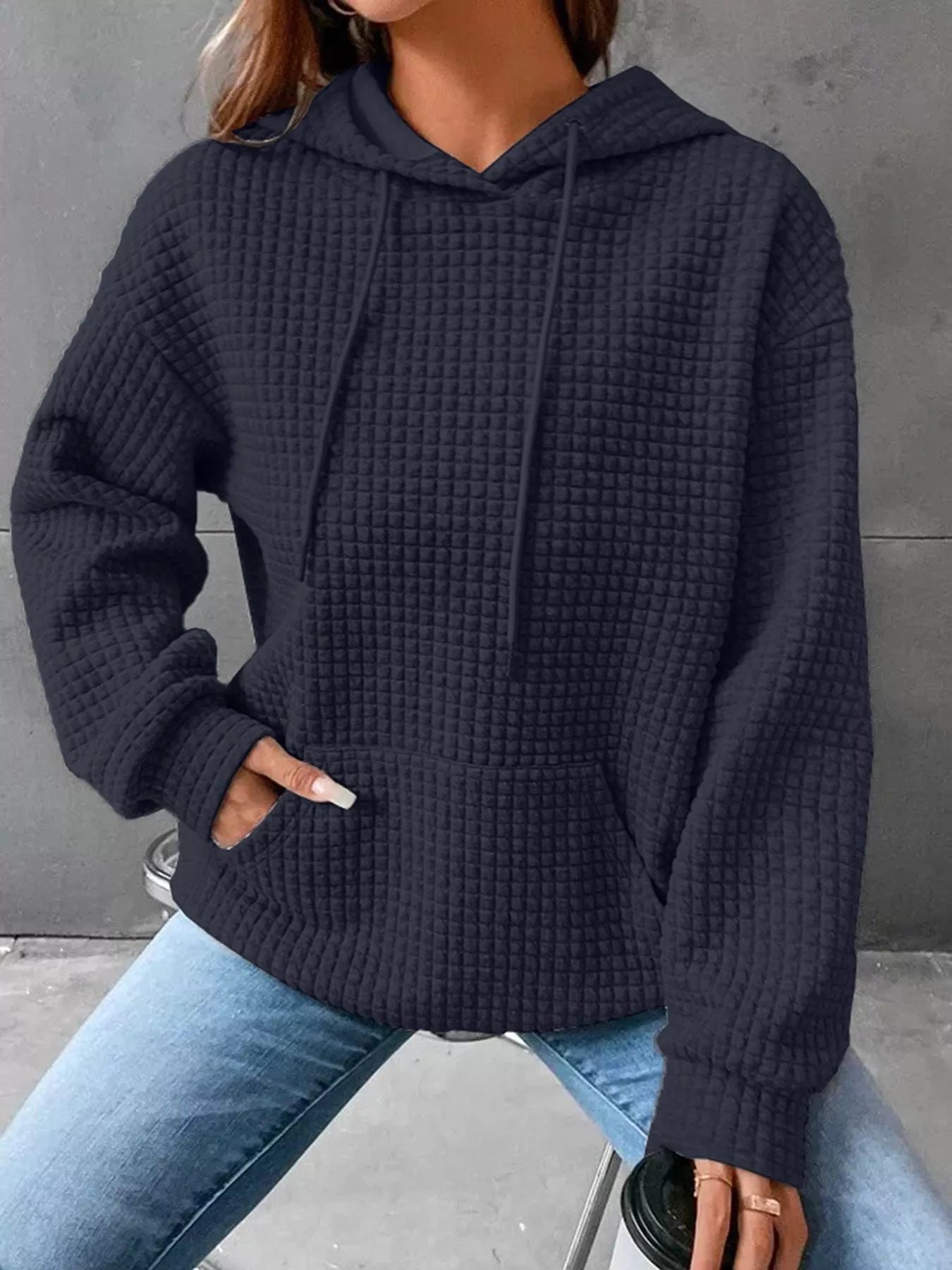 Full Size Textured Kangaroo Pocket Hoodie Plus Size 