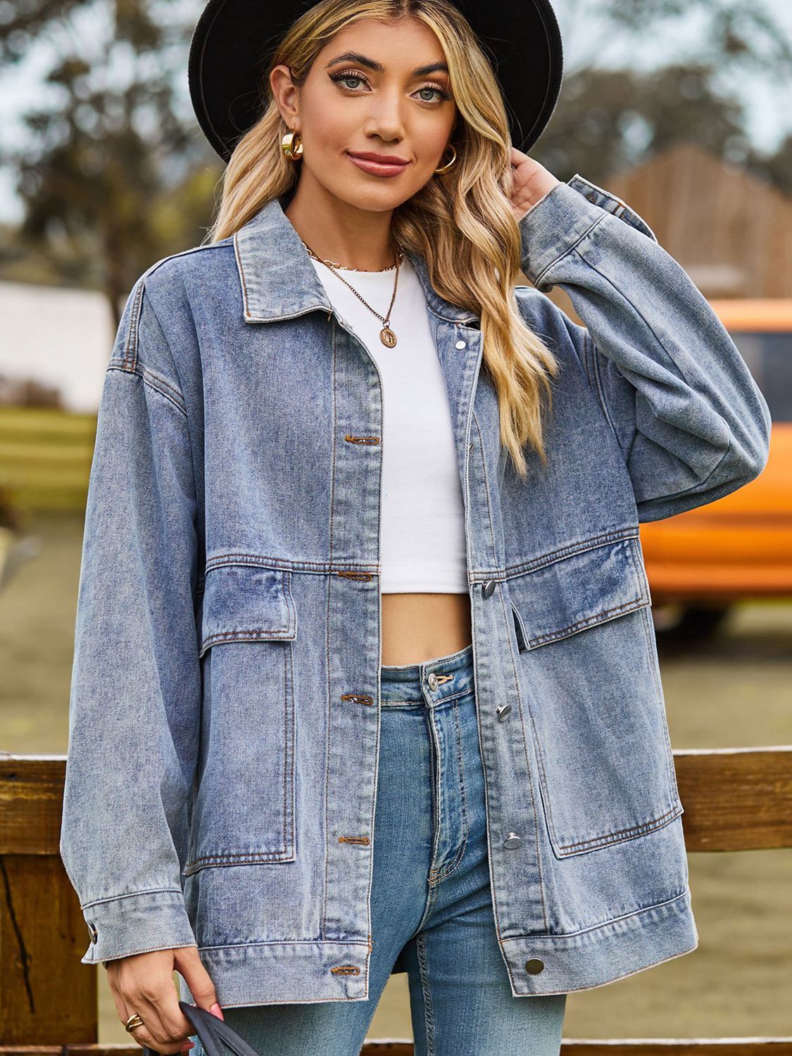 Dropped Shoulder Denim Jacket with Pockets 
