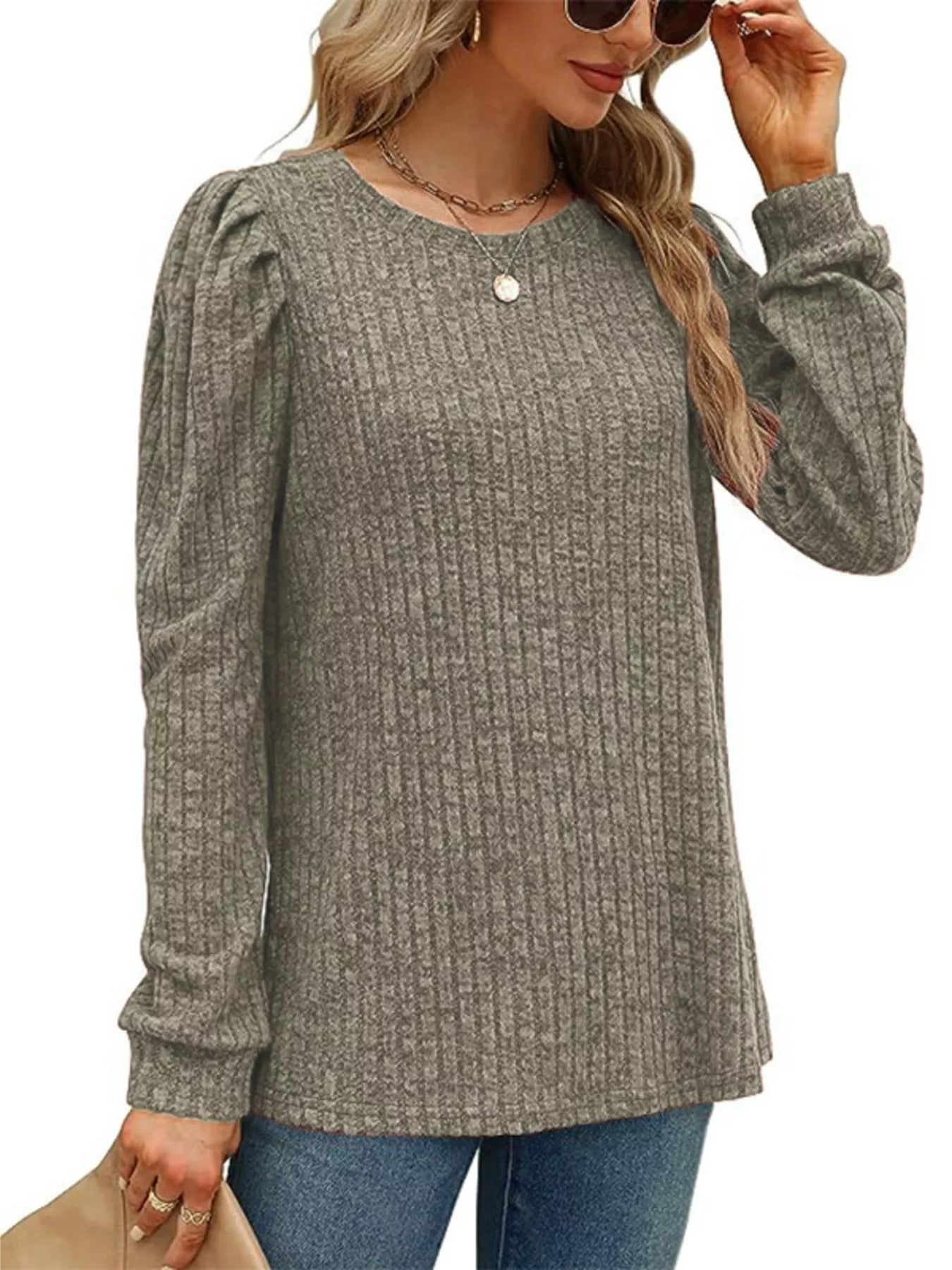 Ribbed Knit Top with Puff Sleeves 