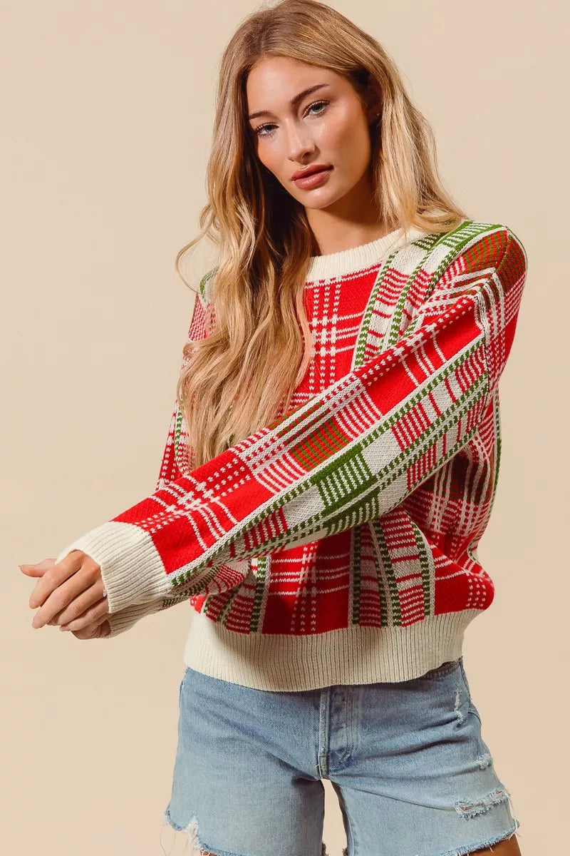 SO ME Christmas Color Checkered Plaid Crew Neck Sweater 