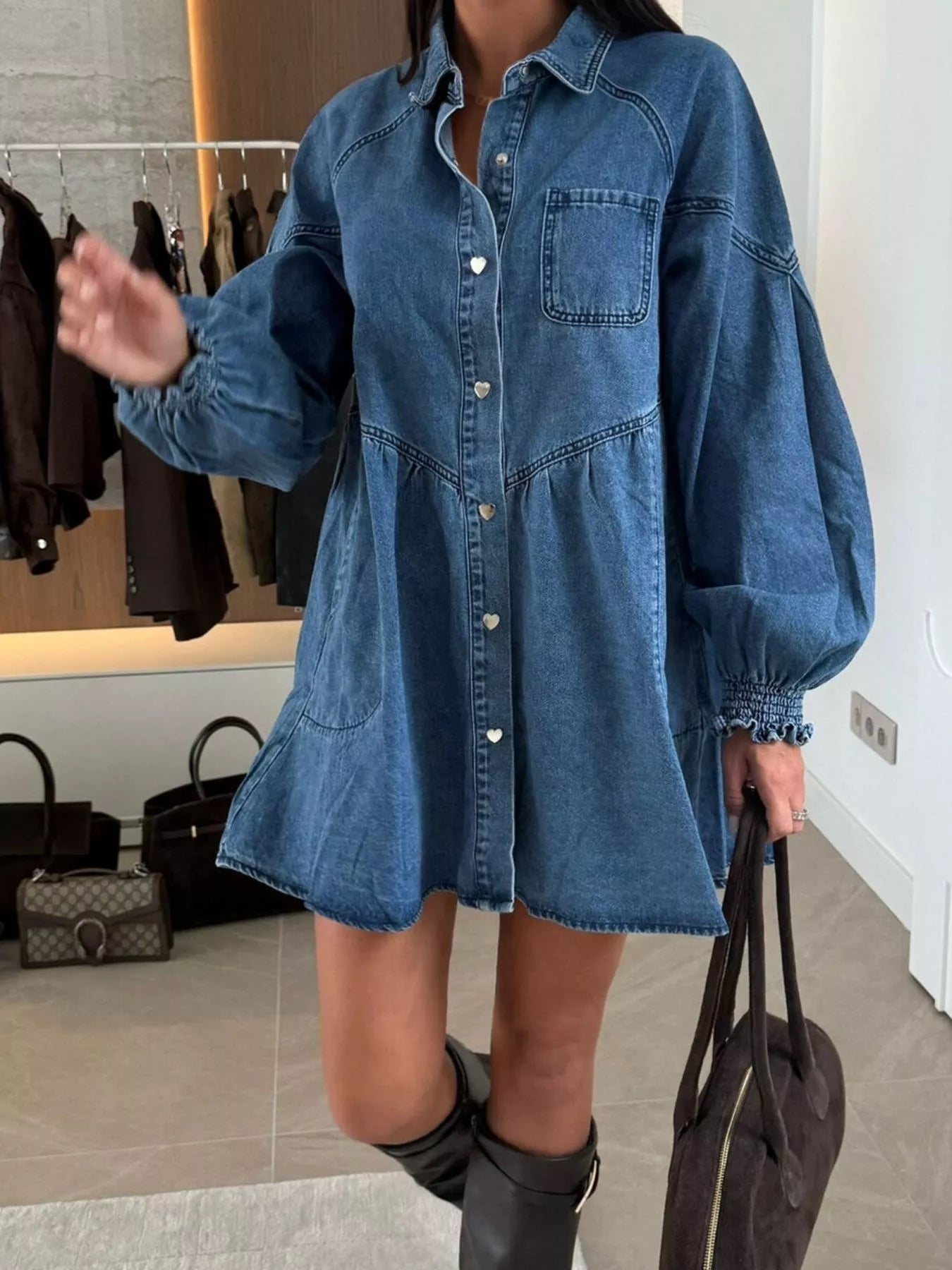 Button Down Mini Denim Dress with Front Pockets 